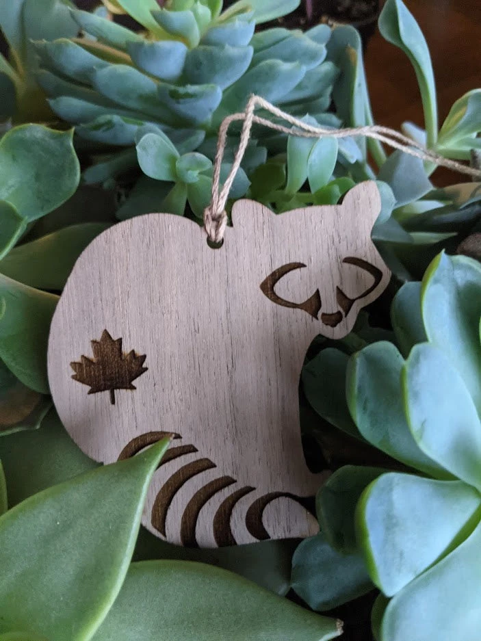 Handmade Raccoon Ornament - Walnut Wood Active