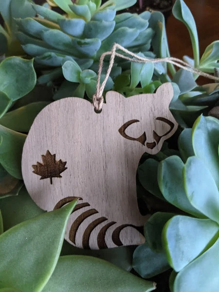 Handmade Raccoon Ornament - Walnut Wood Active